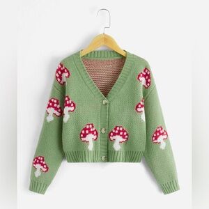 Whimsical Green Mushroom Cropped Cardigan Sweater size S
